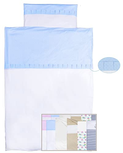 Vizaro Baby Bettwäsche Set 100x135cm + Kissenbezug 30x60cm Für Kinderwiege 70x140cm - 100% Reine Baumwole Z Blau Und Weiß