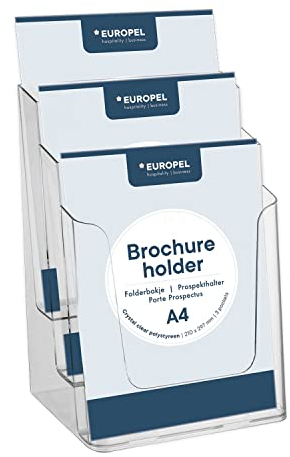 Europel Prospekthalter Mehrfach Prospektständer, 3x DIN A4 - Glasklar Polystyrol - Broschürenständer für Büros - Broschürenhalter im Hochformat für Menüs, Prospeketen, Katalogen, Preiskarten
