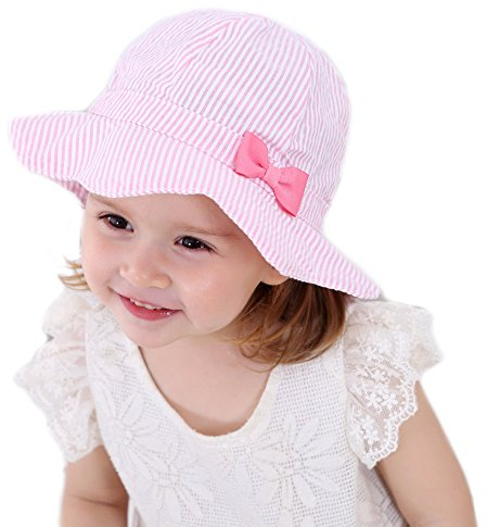 Baby Sonnenhut Mädchen Schirmmütze Kinder Hüte Flapper UV Schutz Caps Faltbarer Eimer Hut Weiche Baumwolle Strand Hüte Hut des Breiten Krempe Fischers rosa vertikal gestreifte Schleife,54 cm/4-6 Jahre