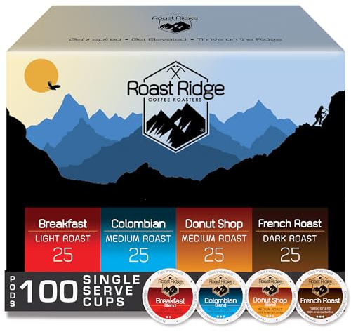 Roast Ridge Single Serve Coffee Pods for Keurig K-Cup Brewers, Variety Pack, Light Roast, Medium Roast, Dark Roast, 100 Count (25 each: Breakfast Blend, Donut Shop, French Roast, Colombian)