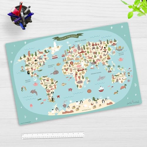 Schreibtischunterlage Kinder – “Weltkarte“ – aus erstklassigem, strapazierfähigem Vinyl (Kunststoff-BPA frei) – 60 x 40 cm – Schreibunterlage für besten Schutz – Made in Germany