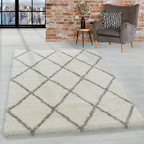 HomebyHome Shaggy Teppich Läufer Flur 80 x 150 cm - Hochflor Teppich Skandi Rauten Creme Extra Weich und Flauschig - Bettvorleger Teppich für Schlafzimmer, Küchenläufer - Waschbarer Küchenläufer