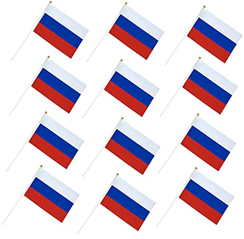 YUNGUANG Lot de 12 mini drapeaux de la Russie - 12,7 x 20,3 cm - Avec mât blanc solide de 30,5 cm