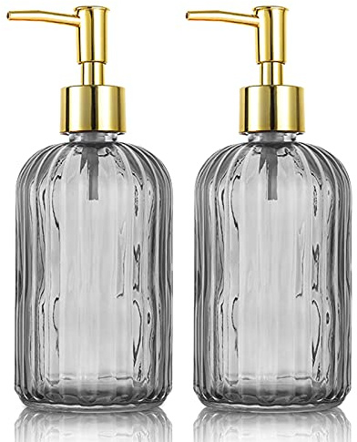 HOHAOO Versatile Glass Soap Dispenser Bottle with Pump, 14 Oz Dripless Pump Bottle, Refillable Liquid Hand Jar Dispenser for Bathroom, Countertop, Kitchen, Laundry Room(Grey, 2 Pack)