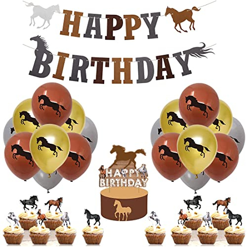 HGSHUO Pferd Geburtstagsdeko Pferd Tier Luftballons Alles Gute Zum Geburtstag Girlande Braunem Pferde Latex Ballons Horse Cupcake Topper für Kinder Geburtstag Party Dekoration 32 Stück