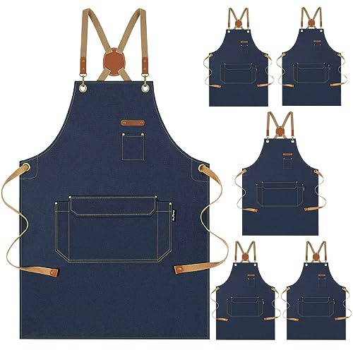 Genixart Chef Apron Men Women, Kitchen Aprons Cooking, BBQ - Blue, 6 Pack