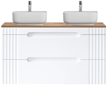 Lomadox Badmöbel Waschtischunterschrank 120cm weiß, Waschtischplatte Eiche Nb., 2 Aufsatzwaschbecken weiß, B/H/T ca. 120,4/78,5/46 cm