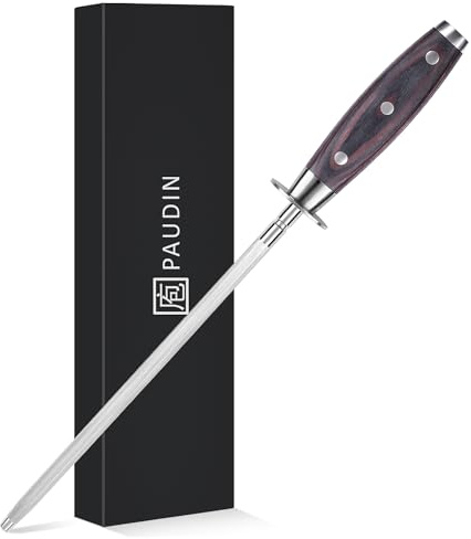 PAUDIN Honing Rod, Knife Sharpener Rod 10 inch, Professional Kitchen Knife Sharpener, High Carbon Knife Sharpening Steel with Ergonomic Pakkawood Handle, Honing Steel for All Chef Knives
