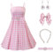 Vestito da Principessa Rosa Plaid per Bambina,Costume Cosplay Principessa Rosa Plaid per Bambina,The Film Costume con Accessori Fiocco, Cintura, Collana, Orecchini,Vestito Halloween (110, bambino)