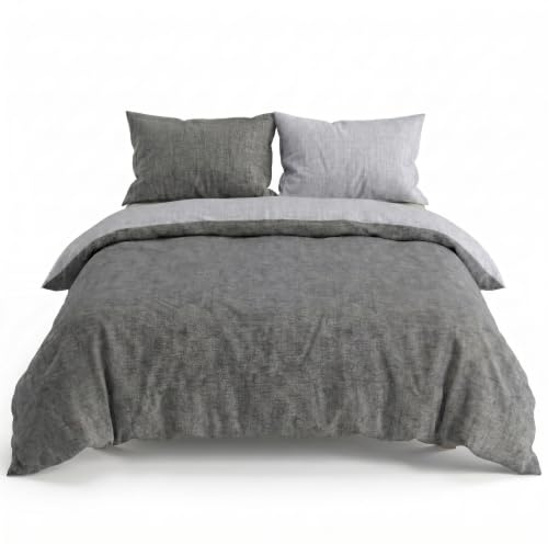 INTRECCI Set Copripiumino Una Piazza e Mezza in Flanella di Cotone 100% | Parure Invernale Felpata | Sacco 200x200 cm + 1 Federa 50x80 cm, Tinto in Filo Double Face | Colore: Grigio Scuro/Chiaro