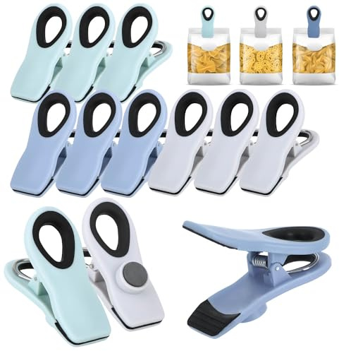 com-four Lot de 12 pinces de fermeture pour sacs - Clips pour fermer et garder au frais - Clips de fermeture en plastique - Avec petit aimant (12 pièces - Gris + bleu + menthe)