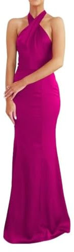 WSEYU Halter Sirena Vestido de fiesta de satén Vestidos de dama de honor sin mangas Vestidos de noche largos, fucsia, 34
