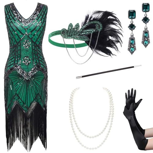 BABEYOND Women's Flapper Dresses 1920s V Neck Beaded Fringed Great Gatsby Dress DarkGreen