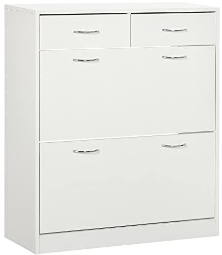 HOMCOM Skoskåp skoskåp, 2 lådor och 2 fällbara dörrar med justerbar hylla, 80 x 30 x 91,5 cm, aluminiumhandtag, vit