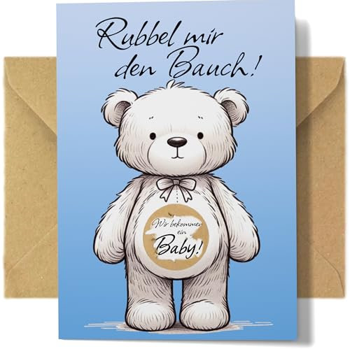Wir bekommen ein Baby (Junge) - 10er Set Rubbelkarten zum Schwangerschaft Verkünden | fertiges Set mit goldenem Rubbeletikett und Kraftkarton Umschlag