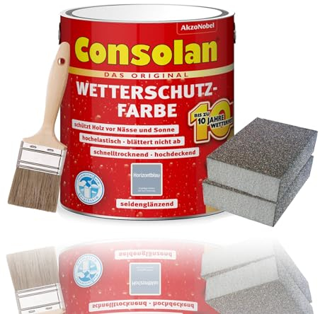 Consolan Wetterschutzfarbe Set 2,5 l Holzfarbe Dauerschutz Deckend mit Zubehör (Horizontblau)