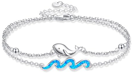 ONEFINITY Bracelet tortue/baleine/dauphin pour femme en argent sterling 925 bleu opale vague réglable océan superposé bracelet plage bijoux cadeau, 22 cm, Argent sterling, Opale