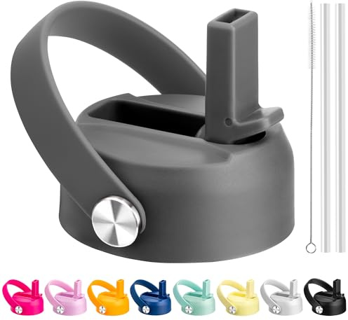 Straw Lid for Hydro Flask Wide Mouth, Replacement Lids with Straw for Hydro Flask 12 16 18 20 32 40 64oz Wide Mouth Sports Water Bottles, Replacement Cap with Flexible Handle(Gray)