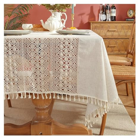 BCughia Tischdecke 140x140 Beige, Tischdecke Fleckabweisend Quadratisch Polyester Hohl Stricken mit Quasten Tischdecke für Küchentisch