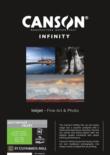 Canson Infinity Somerset Enhanced Velvet White, mjukt kornigt digitalt fotopapper, 225, 83, låda, A4-21 x 29,7 cm, tryckt kartong, vit, 25 ark