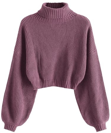 ZAFUL Strick Pullover Damen Rollkragen Cropped Elegant Langarm Laternen ärmel Drop Shoulder Kurzer Pulli Turtleneck Sweater for Herbst Winter (1-Lila,M)