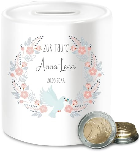 Spardose - Zur Taufe mit Name und Taube | Taufgeschenke für Patenkind | Gastgeschenk Taufe Geschenk | Taufgeschenke von Großeltern - Unisize - Weiß - mädchen Geschenke firmung konfirmation