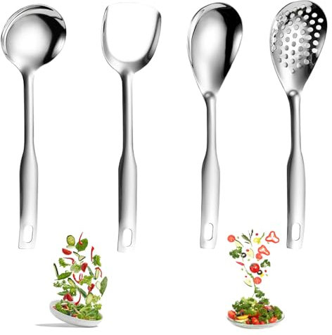 4 Stück Servierlöffel Groß Edelstahl, Servierlöffel und Geschlitzte Löffel aus Edelstahl, Salatlöffel, Vorlegebesteck, Serving Spoon, Großer Löffel Servierlöffel für Buffet Hotel Restaurant Haushalt