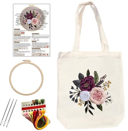 HUAJINGKEJI Nähset, Tasche mit Tragegriff und Blumenmuster, handgefertigte Leinentasche, Stickerei-Starter-Set für Damen