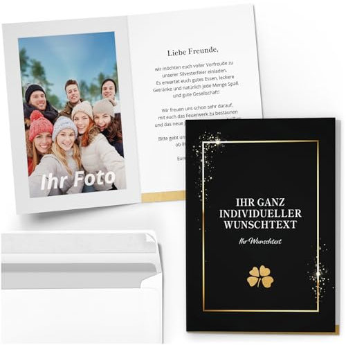 10 PERSONALISIERTE Grußkarten Party Geburtstag Einladung Danke Neujahr Silvester mit eigenem Text und Foto - Individuell anpassbare Karten Klappkarten mit Umschlag