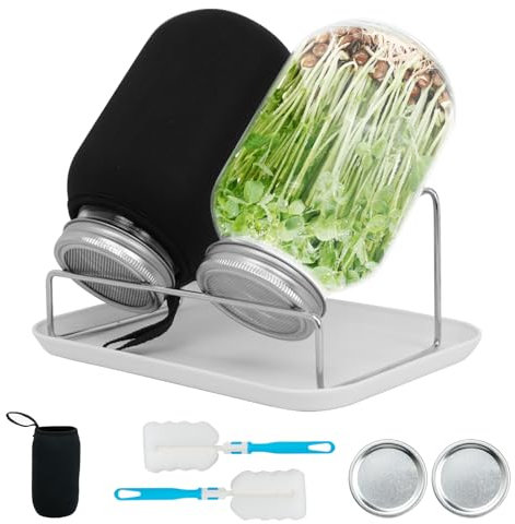 GOWTX 2Stks Breiter Öffnung Sprossenglas, 1000ml Sprouting Keimglas, Sprossenzucht Keimglas mit Deckel Halter Tropfschale Bürste, Einmachgläser für Den Anbau von Brokkoli Alfalfa Mungobohnen