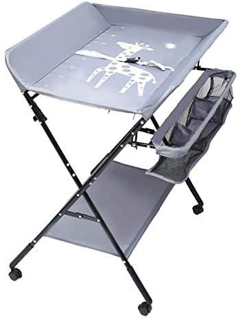 TkkMivcOC Klappbar Baby Wickeltisch, Mobiler Wickelkombi mit 4 Bremsbar Räder & Seitliche Ablagen & Sicherheitsgurt, Höhenverstellbar, Abnehmbarer Stoffbezug, Wickelkommode Max. 25 kg