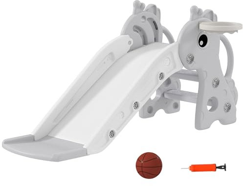 AIYAPLAY Kinder Rutsche Kinderrutsche mit Basketballkorb, Basketball Indoor Outdoor Kunststoff Kleinkinderrutsche Gartenrutsche Rutsche für Kinder 1 bis 3 Jahre, Grau