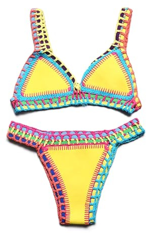 Maillot De Bain Femme 2 Pieces Sexy Couleur Vive Patchwork Fait Main Crochet pour La Plage Maillot de Bain String Push-up Triangle Bikini Set de Plage Taille Haute Swimwear