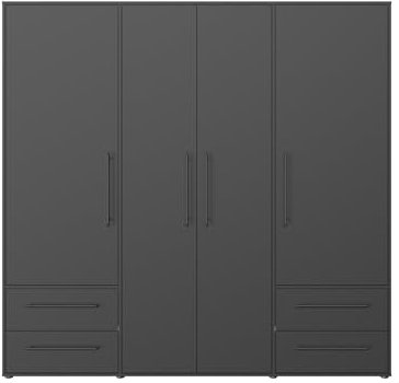 möbelando Drehtürenschrank >MOKKARIS< in modernem Schwarz mit 4 Türen, 4 Schubladen & 7 Fächern - geräumiges Design aus Spanplatte mit Melaminbeschichtung, 205,9x200,1x58,8cm (BxHxT)