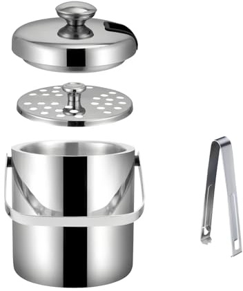 OnePine 304 Edelstahl Eiskübel Eiswürfelbehälter mit Deckel und Zange, 1.3L Doppelwandiger Isolierter Edelstahl Eisbehälter, Ideal zum Kühlen von Getränken und Champagner