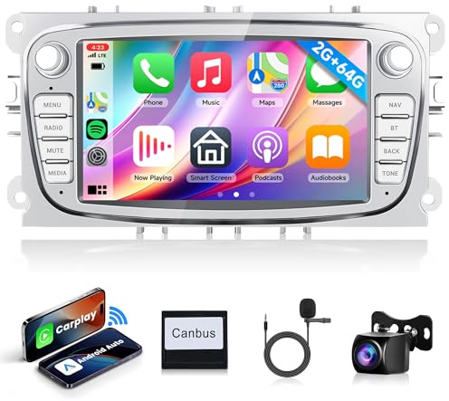 2G+64G Android Autoradio für Ford Focus II mk2 Mondeo S-Max C-Max Galaxy Kuga7 Zoll Autoradio mit Wireless Carplay Android Auto Navi GPS WiFi Mirror Link Bluetooth FM/RDS/DAB/EQ/SWC Rückfahrkamera
