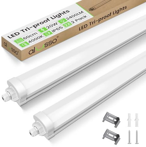 ALUSSO 2 Stück LED Feuchtraumleuchte 60CM,4000K IP65 für Garage | AC 220-240V,20W 2400LM Deckenleuchte für Keller,Werkstatt,Feuchtraum,Bad,Büro,Warenhaus