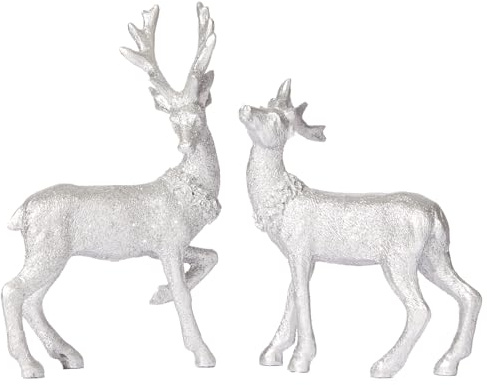 WDS WONDROUS 2pcs Christmas Reindeer Figurines Decor, Silver Deer Statues with Glitter Finish, Resin Standing Xmas Reindeer Decoration for Tabletop Mantle Christmas Decorations Living Room Office
