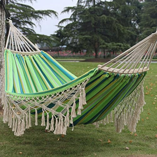 Amaca da campeggio con nappe e borsa portaoggetti, altalena antirollover con barre di legno duro, supporta 200 kg, ideale per viaggi e spiaggia