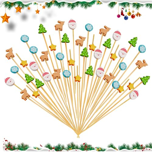 KASESSS 100 Piezas Navidad Palillos para Aperitivos, 12cm Palillos de Cóctel, Navidad Palillos de Cóctel, 5 Estilos Palitos de cóctel de Madera para Fruta Aperitivos Fiestas Bebidas Decoración