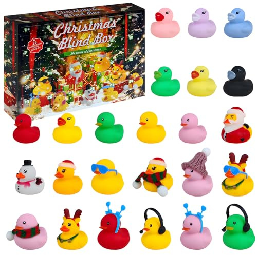 SERTAS Adventskalender Enten 2025, mit 24 Stück Weihnachten Gummienten,24-tägiger Weihnachts Countdown Kalender, Badeenten Adventskalender Geschenke, Badespielzeug, für Jungs Mädchen