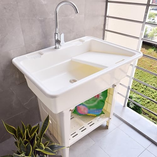 Portable Outdoor Kitchen Sink Unit - Free Standing Hand Wash Station with Hot & Cold Water Faucet Washboard & Utility Laundry Tub for Camping Garden Backyard Garage Commercial Use (Coffee Co...