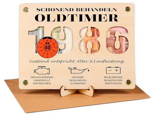 Geldgeschenk 40 Geburtstag Mann, Witzige Geldgeschenke Holz mit Umschlag | 2026 Geschenk 40 Geburtstag Mann - Schonend Behandeln 1986 Oldtimer