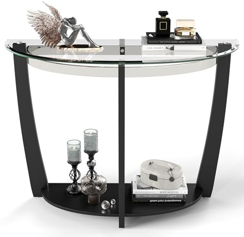 Giantex 2-Tier Glass Console Table, Half Moon Modern Entryway Table with Tempered Glass Top & Open Storage Shelf, Narrow Long Sofa Table for Living Room, Hallway, Foyer, Entrance (Black)