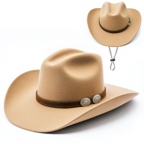 Cappello da cowboy in feltro per donna e uomo, cappello western taglia M 57 cm circonferenza della testa, cappello da cowboy leggero texano con fibbia della cintura e tesa larga, cappello per