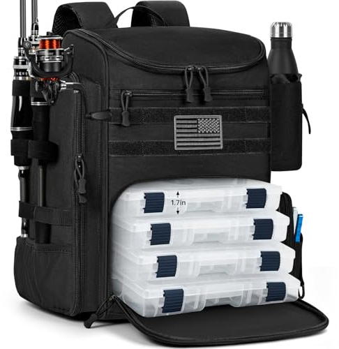 WELIDAY 40L Fishing Backpack Water Resistant Fishing Tackle Bag with 2 Rod Holders, Tackle Storage Bag for Anglers(Black,Bag Only)