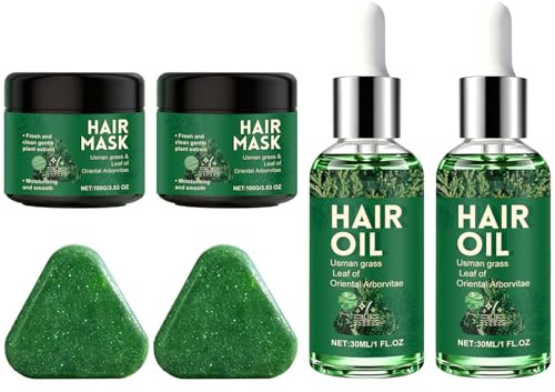 Arborvitae Leaf Hair Care Set Hair Oil Shampoo Bar Hairs Mask Set, Shampoing Solide Usman Grass Cuir Chevelu Gras, Masque Nourrissant Cheveux Secs Abîmés, Huile Capillaire Usman Anti-Frisottis (2set)