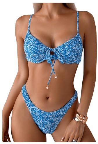Giyaluzw Bikini Damen Set Triangel Bikinis für Frauen Blumenmuster Sommer Sport Badeanzug Tanga für Strand, Pool & Urlaub