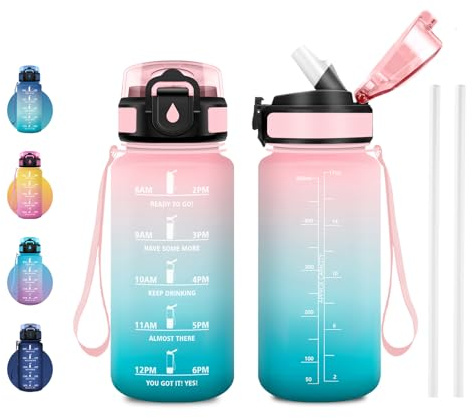 JAPORIA Borraccia 500ml, Borraccia A Prova di Perdite, con Cannuccia e Marcatori Temporali, Riutilizzabile, senza BPA, Motivazionale, per Ufficio, Campeggio