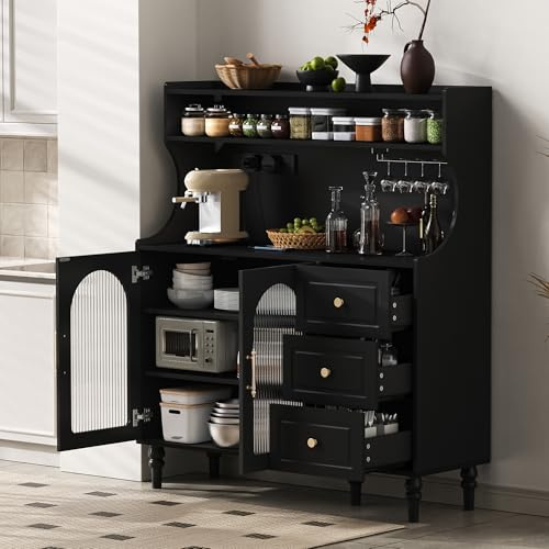 Merax Küchenschrank, Hochschrank mit Arbeitsplatte, Highboard mit Steckdosen, Riffelglas, Verstellbaren Regalböden, Weinglashaltern und Stauraum, Küchenbuffe, Buffetschrank, 120×40×138,5cm (Schwarz)